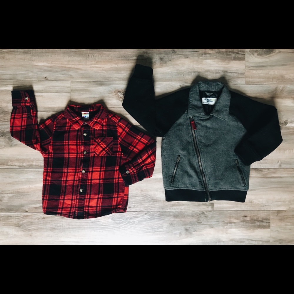 4T Coat & Red Buffalo Plaid Button Shirt Pair